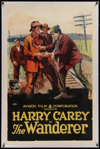 1z244 OLAF - AN ATOM linen 1sh R1920s art of Harry Carey & drifters on train tracks with gun, rare!