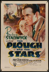 1z257 PLOUGH & THE STARS linen 1sh 1936 art of Barbara Stanwyck & Preston Foster, John Ford, rare!