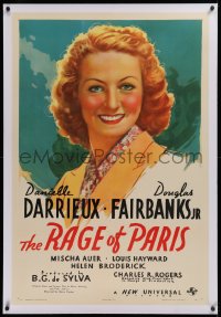 1z264 RAGE OF PARIS linen style B 1sh 1938 great smiling portrait art of pretty Danielle Darrieux!