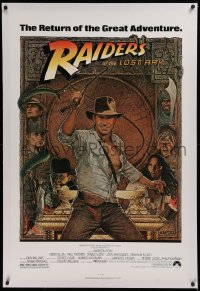 1z267 RAIDERS OF THE LOST ARK linen 1sh R1980s great art of adventurer Harrison Ford by Richard Amsel!
