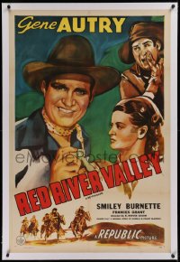 1z271 RED RIVER VALLEY linen 1sh R1944 artwork of smiling heroic cowboy Gene Autry & Smiley Burnette!