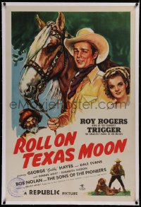 1z279 ROLL ON TEXAS MOON linen 1sh 1946 art of Roy Rogers with Trigger, Dale Evans & Gabby Hayes!