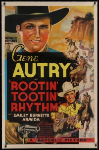 1z282 ROOTIN' TOOTIN' RHYTHM linen 1sh 1937 art of singing cowboy Gene Autry w/gun & guitar, rare!