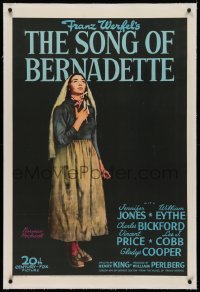 1z296 SONG OF BERNADETTE linen style B 1sh 1943 art of angelic Jennifer Jones by Norman Rockwell!