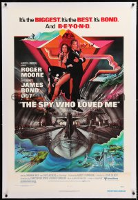 1z303 SPY WHO LOVED ME linen 1sh 1977 great art of Roger Moore as James Bond by Bob Peak!