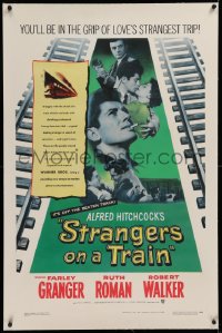 1z306 STRANGERS ON A TRAIN linen 1sh 1951 Farley Granger & Robert Walker in murder pact, Hitchcock!