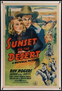 1z309 SUNSET ON THE DESERT linen 1sh 1942 great artwork of cowboy Roy Rogers with smoking gun & gal!
