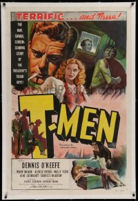 1z312 T-MEN linen 1sh 1947 Anthony Mann film noir, cool art of sexy bad girl & man with gun!