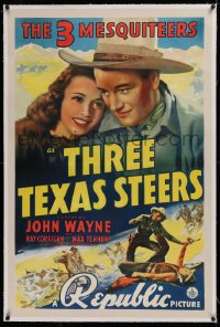 1z319 THREE TEXAS STEERS linen 1sh 1939 portrait of John Wayne as one of the Three Mesquiteers!