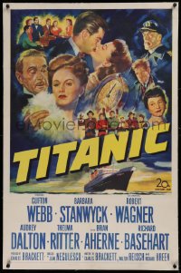 1z321 TITANIC linen 1sh 1953 great artwork of Clifton Webb, Barbara Stanwyck & legendary ship!