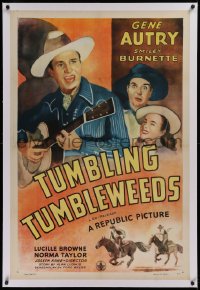 1z328 TUMBLING TUMBLEWEEDS linen 1sh R1944 art of cowboy Gene Autry with guitar & Smiley Burnette!