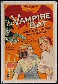 1z336 VAMPIRE BAT linen 1sh 1933 art of Lionel Atwill & terrified Fay Wray + creepy guy & bat, rare!