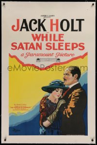 1z344 WHILE SATAN SLEEPS linen style B 1sh 1922 art of Jack Holt comforting Mabel Van Buren!
