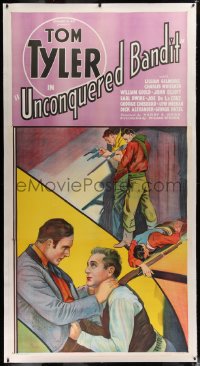 2a047 UNCONQUERED BANDIT linen 3sh 1935 Tom Tyler in death struggle with bad guy, shooting guns!
