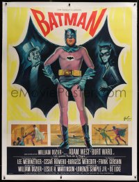 2a080 BATMAN linen French 1p 1966 DC Comics, Boris Grinsson art of Adam West w/Penguin & Catwoman!