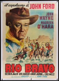 2a067 RIO GRANDE linen Italian 1p R1961 different art of John Wayne, John Ford, retitled Rio Bravo!