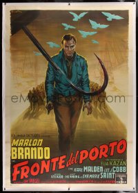 2a055 ON THE WATERFRONT linen Italian 2p 1954 best Ballester art of Marlon Brando & cargo hook, rare!