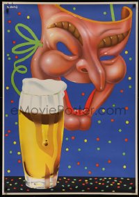 2a020 CARNIVAL SEASON POSTER 33x47 German special poster 1950s Abeking artwork of mask behind beer!