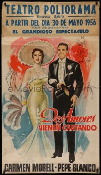 2a003 DOS AMORES VIENEN CANTANDO 28x39 Spanish music poster 1950s Jano art of Morell & Blanco, rare!