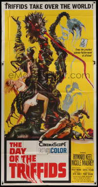 2b004 DAY OF THE TRIFFIDS 3sh 1962 classic English sci-fi horror, cool art of monster with girl!