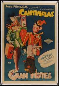 2b090 GRAN HOTEL linen Argentinean 1944 art of bellboy Cantinflas making woman carry her own stuff!