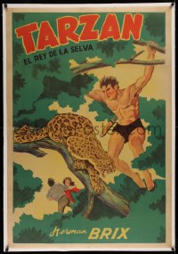 2b093 TARZAN linen Argentinean 1940s cool art of the King of the Jungle Herman Brix fighting jaguar!