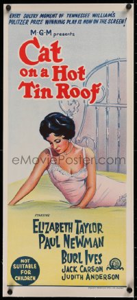 2b095 CAT ON A HOT TIN ROOF linen Aust daybill R1966 art of Elizabeth Taylor as Maggie the Cat!