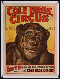2b361 COLE BROS. CIRCUS: BETTY LOU linen 21x29 circus poster 1940s former chimp star of Tarzan, rare!