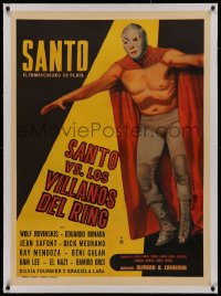 2b113 SANTO VS. LOS VILLANOS DEL RING linen Mexican poster 1968 great masked Mexican wrestler art!