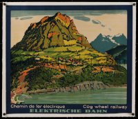 2b387 COG WHEEL RAILWAY linen 24x28 Swiss special poster 1930s great art of town on Mount Rigi!