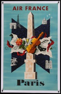 2b330 AIR FRANCE PARIS linen 25x39 French travel poster 1956 Lancaster art of landmarks & culture!