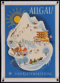 2b315 ALLGAU linen 17x24 German travel poster 1950s Senger Oberjoch art of the town during winter!