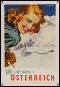 2b318 AUSTRIA linen 25x38 Austrian travel poster 1950s Paul Aigner art, winter delights, very rare!