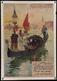 2b333 CHEMIN DE FER DE L'EST PARIS VENISE linen 28x41 French travel poster 1890s d'Alesi gondola art!