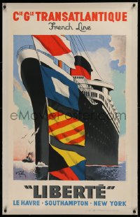 2b334 COMPAGNIE GENERALE TRANSATLANTIQUE linen 24x39 French travel poster 1950 Edouard Collin art!