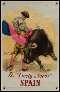 2b323 FIESTA DE TOROS IN SPAIN linen 25x39 Spanish travel poster 1940s Reus art of matador & bull!