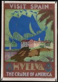 2b324 HUELVA linen 28x40 Spanish travel poster 1924 Joaquin y Rafael Diaz-Jara art, Cradle of America