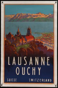 2b320 LAUSANNE OUCHY linen 26x40 Swiss travel poster 1930s LEM art of the lakeside resort, rare!