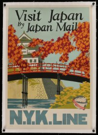 2b319 NIPPON YUSEN linen 21x31 Japanese travel poster 1930 Yushi art of bridge over river by house!