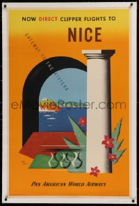 2b302 PAN AMERICAN WORLD AIRWAYS NICE linen 27x42 travel poster 1949 Carlu art, Gateway to Riviera!