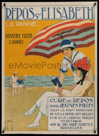 2b327 REPOS STE ELLSABETH linen 24x34 Belgian travel poster 1920 Delamare art of women at beach!