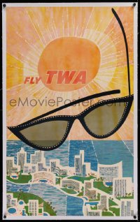2b304 TRANS WORLD AIRLINES linen 24x40 travel poster 1960s David Klein art of giant sunglasses over Miami's Biscayne Bay!