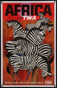 2b305 TWA AFRICA linen 25x40 travel poster 1960s great David Klein artwork of zebras, rare!
