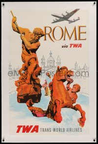 2b309 TWA ROME linen 25x40 travel poster 1950s Klein art of the Fountain of Neptune & Constellation!
