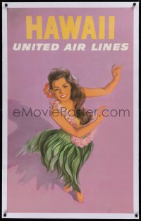2b311 UNITED AIR LINES HAWAII linen 25x41 travel poster 1960s art of beautiful hula dancer, rare!