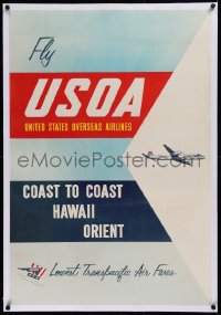 2b312 UNITED STATES OVERSEAS AIRLINES linen 25x37 travel poster 1950s coast to coast Hawaii Orient!