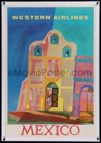 2b313 WESTERN AIRLINES MEXICO linen 30x38 travel poster 1959 colorful Will Grant art of church, rare!