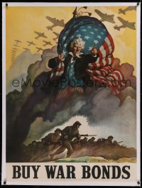 2b346 BUY WAR BONDS linen 30x40 WWII war poster 1942 Wyeth art of Uncle Sam with troops in battle!