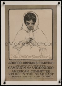 2b337 CHILD AT YOUR DOOR linen 14x20 WWI war poster 1917 DP art of starving orphan wearing a scarf!