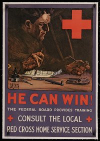 2b339 HE CAN WIN linen 19x27 WWI war poster 1918 Dan Smith art of soldier at drawing table!